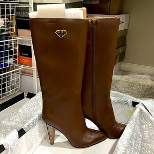 MATEO FOR INC Faux Leather CHARLOTTE Knee-high Boots Clear Heel Brown NIB 🤎❤️‍🔥